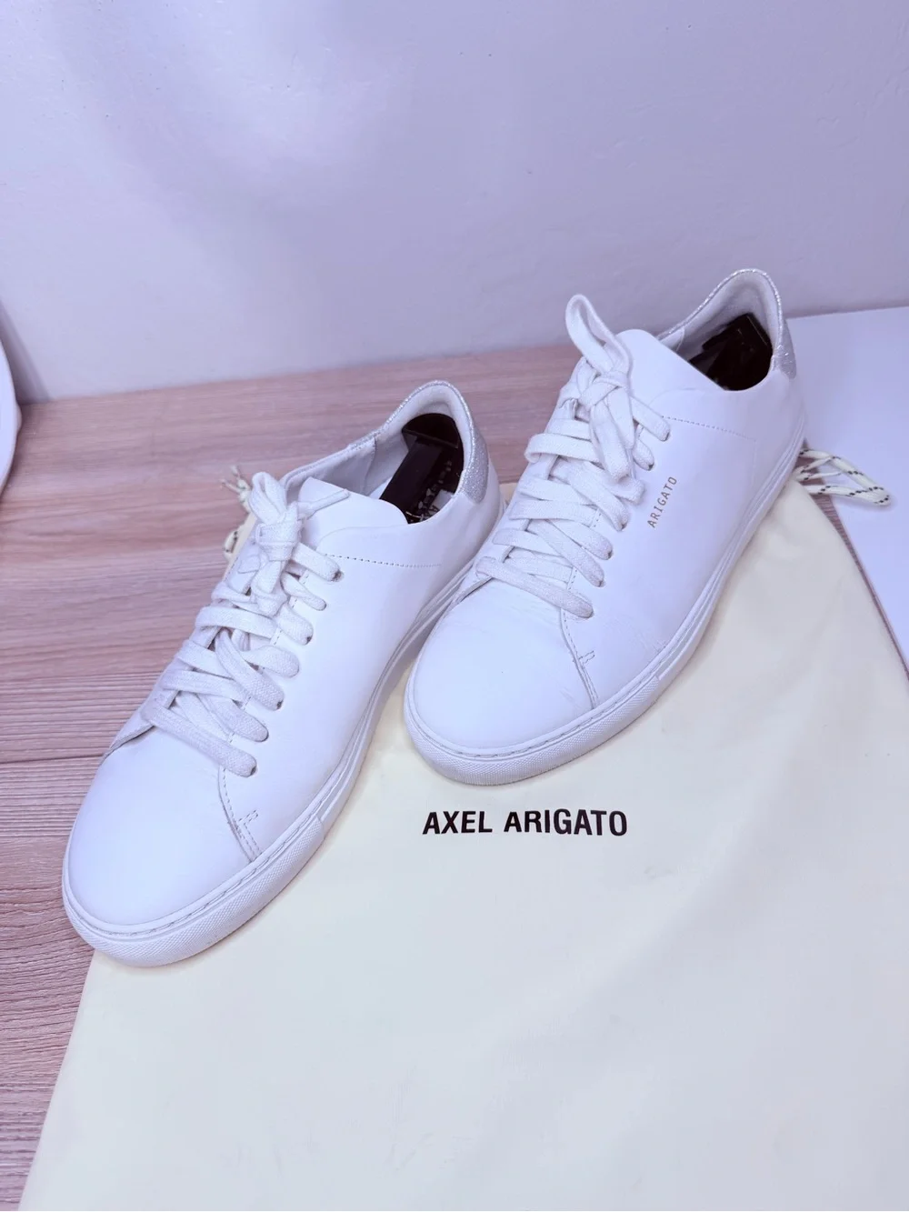 Axel Arigato Clean 90 White Leather Low-Top Sneakers Silver Glitter Women’s 10